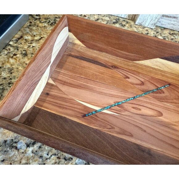 Cedar Valet Tray Handmade Dresser Box Organizer  Storage Tray Inlaid Turquoise - Picture 4 of 6